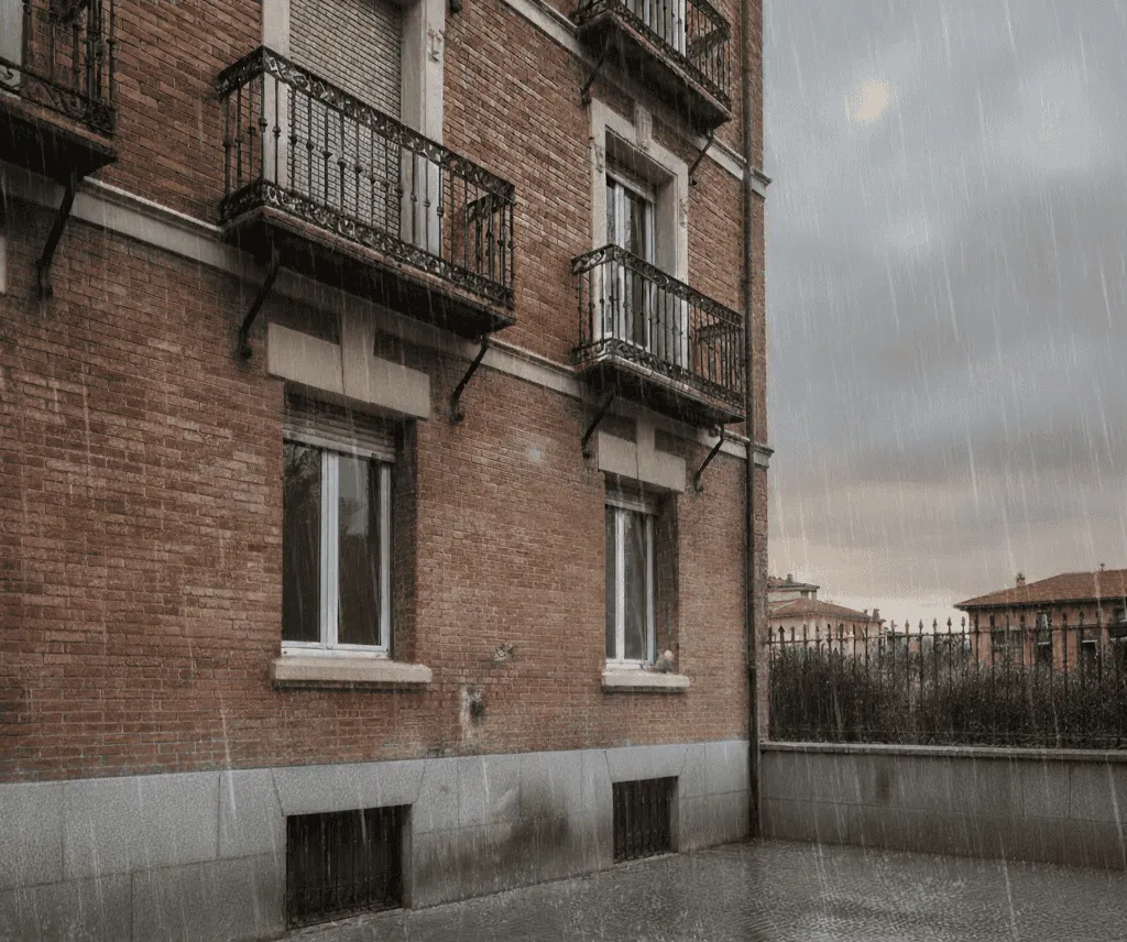 Fachada de edificio de ladrillo en Madrid bajo lluvia intensa, mostrando la necesidad de protección contra humedades invernales.