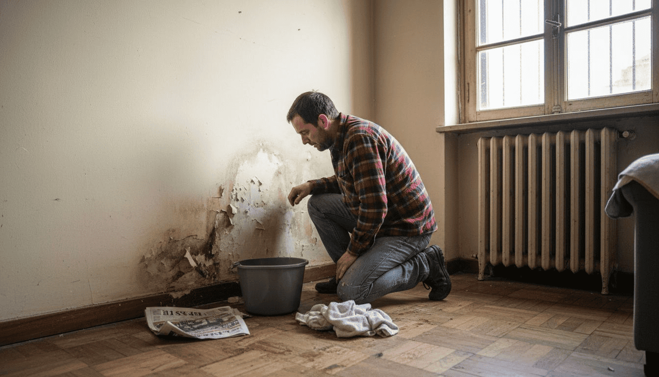 Hombre revisando la humedad en la pared del salón