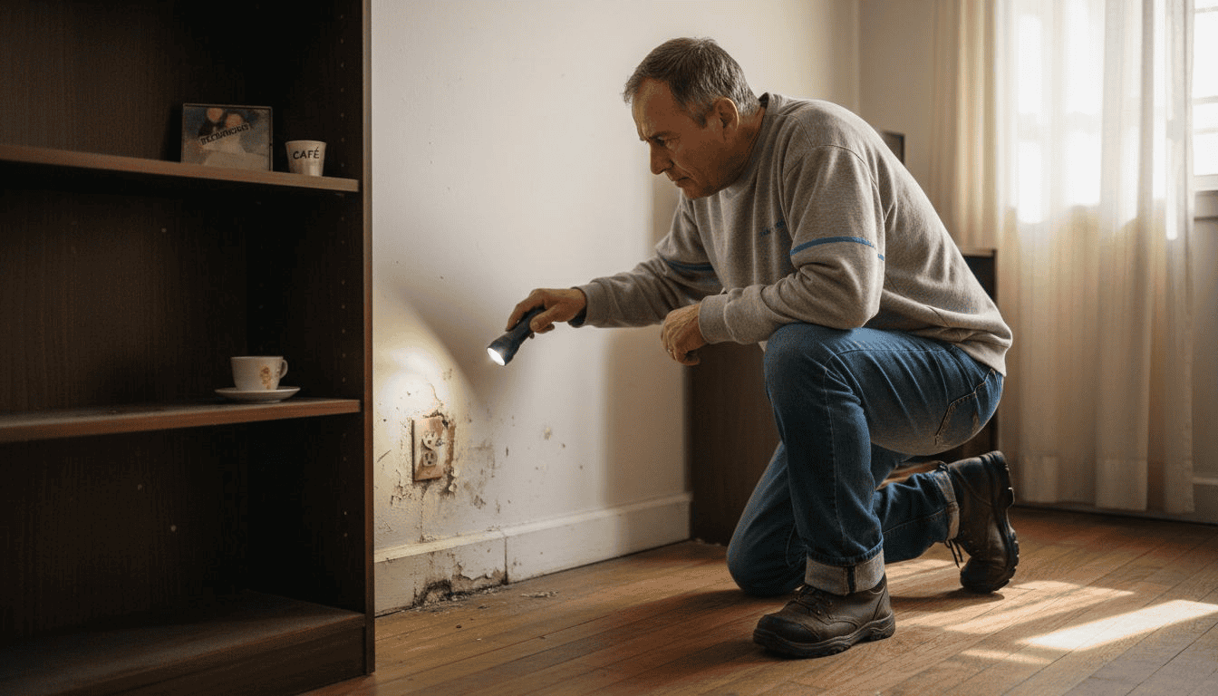 Hombre revisando una mancha de humedad en la pared de su casa