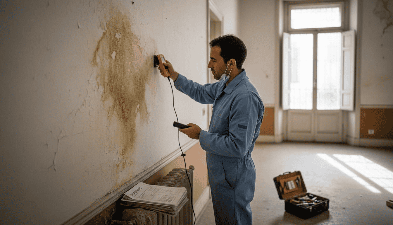 Especialista revisando una pared interior afectada por humedad