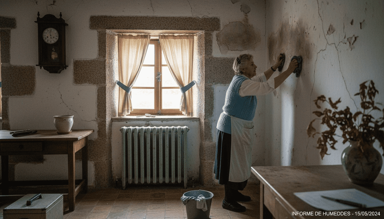 Una mujer elimina manchas de humedad de la pared de una casa en el campo.