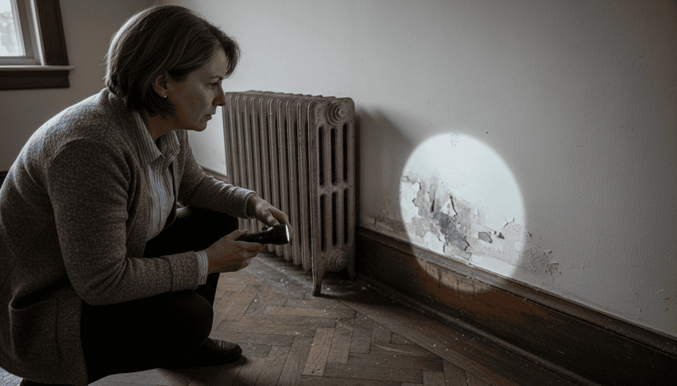 Una mujer observa preocupada una mancha de humedad que ha aparecido en la pared de su casa.