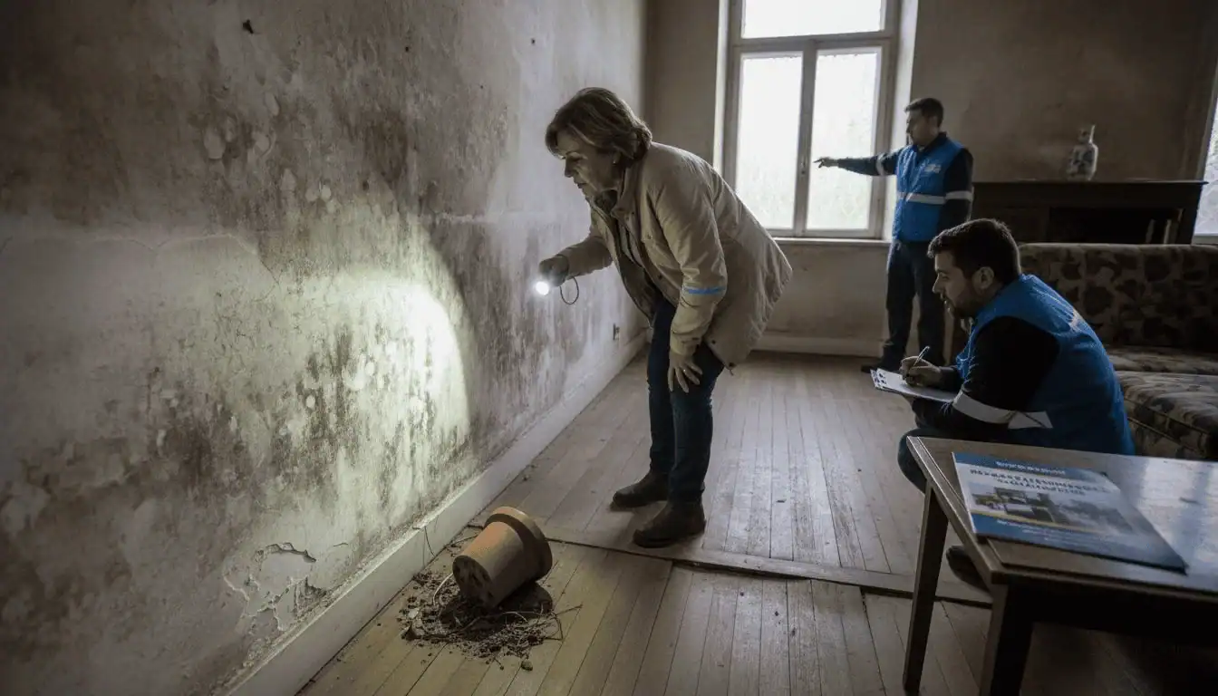 Dueña de casa inspeccionando las humedades que han aparecido en la pared