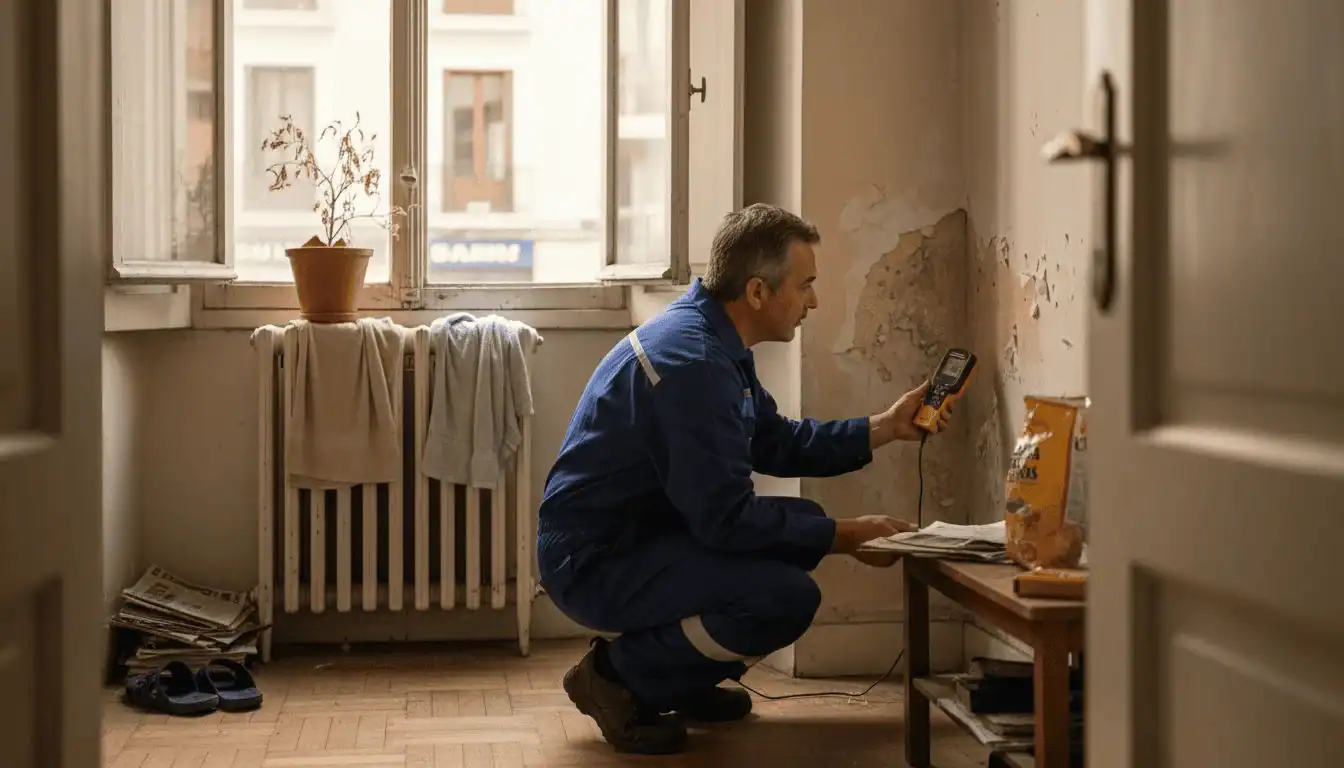 Especialista inspeccionando humedades en una vivienda de Madrid