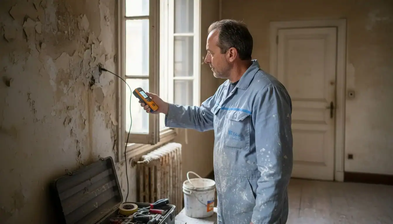 Especialista inspeccionando la pared de una casa para detectar problemas de humedad
