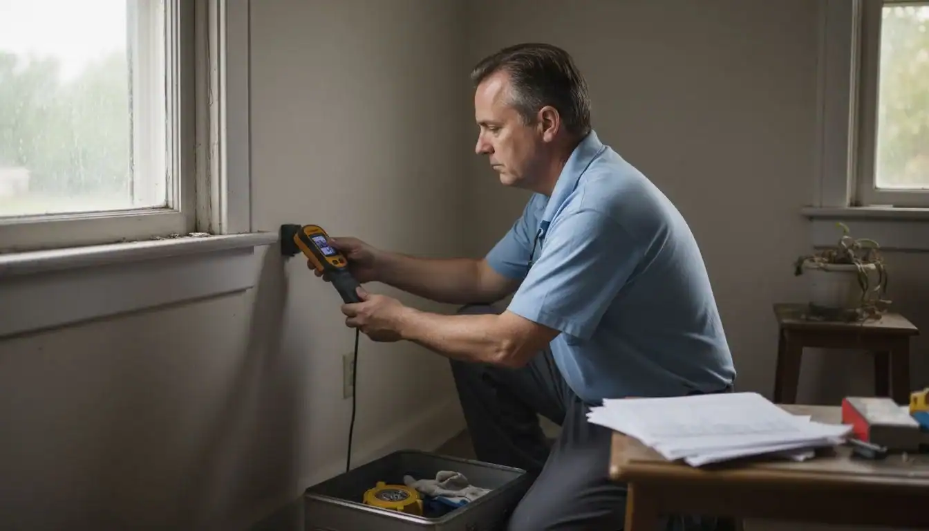 Especialista revisando una pared con un detector de humedad