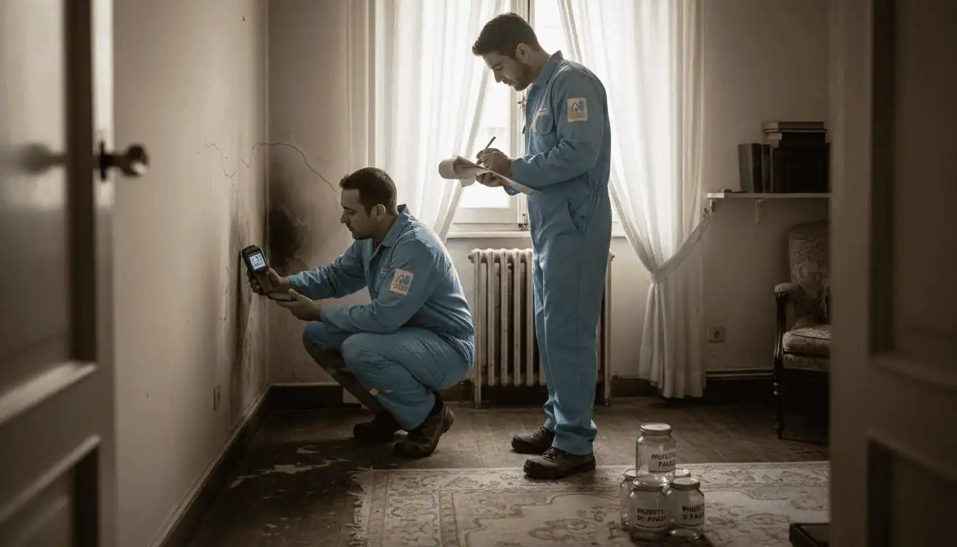 Especialistas revisando una pared con humedad en un piso