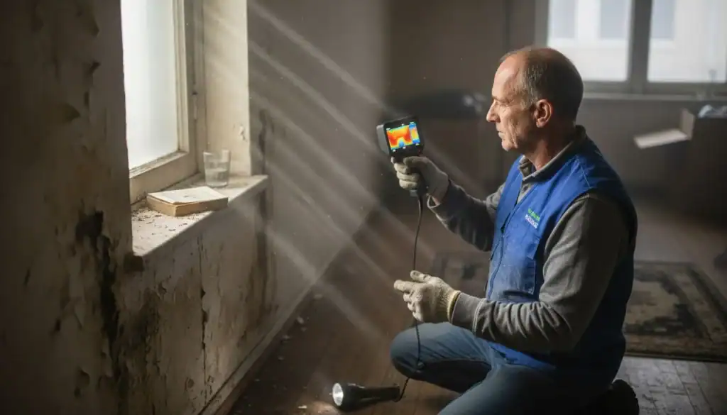 Un técnico revisa las humedades en las paredes de un piso en Madrid.