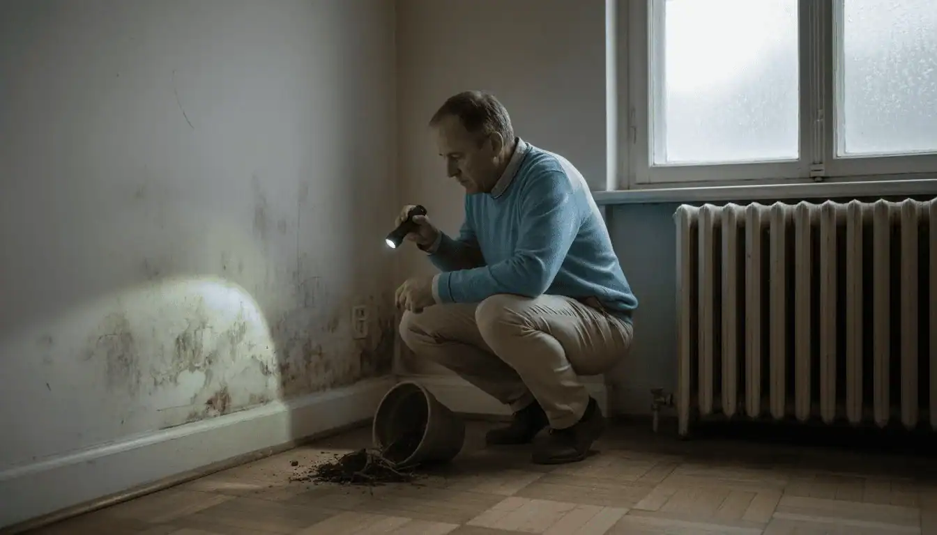 Hombre revisando las paredes en busca de humedad por condensación