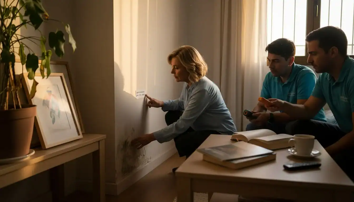 Mujer revisando manchas de humedad en la pared de su casa