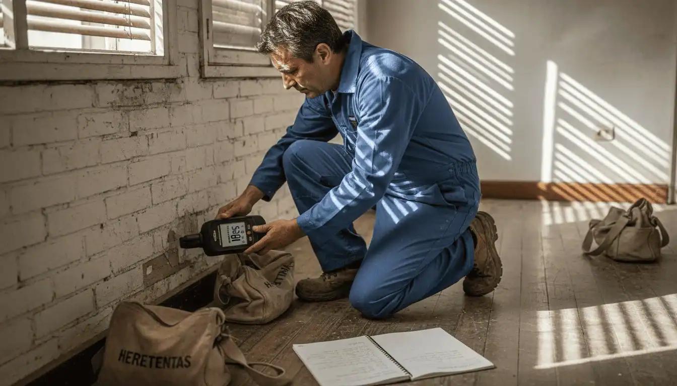 Un especialista en humedad revisa la pared utilizando un medidor para detectar posibles problemas.