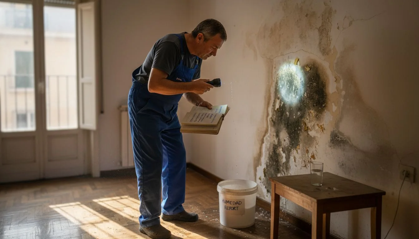 Un técnico de mantenimiento revisa una pared del apartamento que presenta humedad.