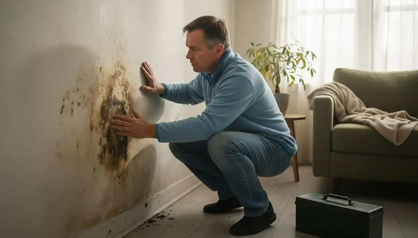 Una persona observa atentamente las manchas de humedad que han aparecido en la pared, tratando de identificar el origen del problema.