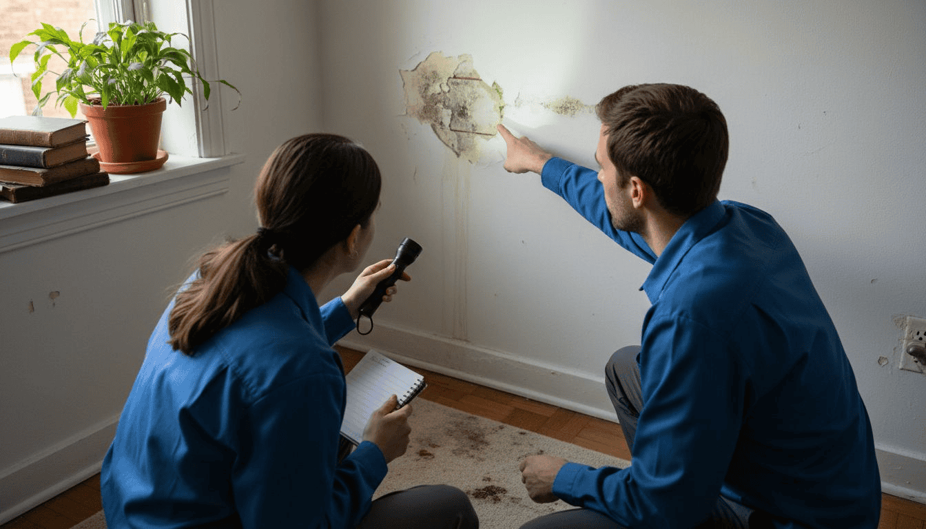 Una pareja se da cuenta de una mancha de humedad que apareció en la pared