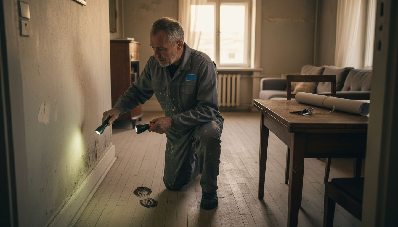 Especialista revisando una pared del salón para detectar problemas de humedad.