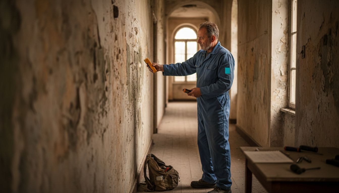 Un especialista revisa la humedad en una pared antigua