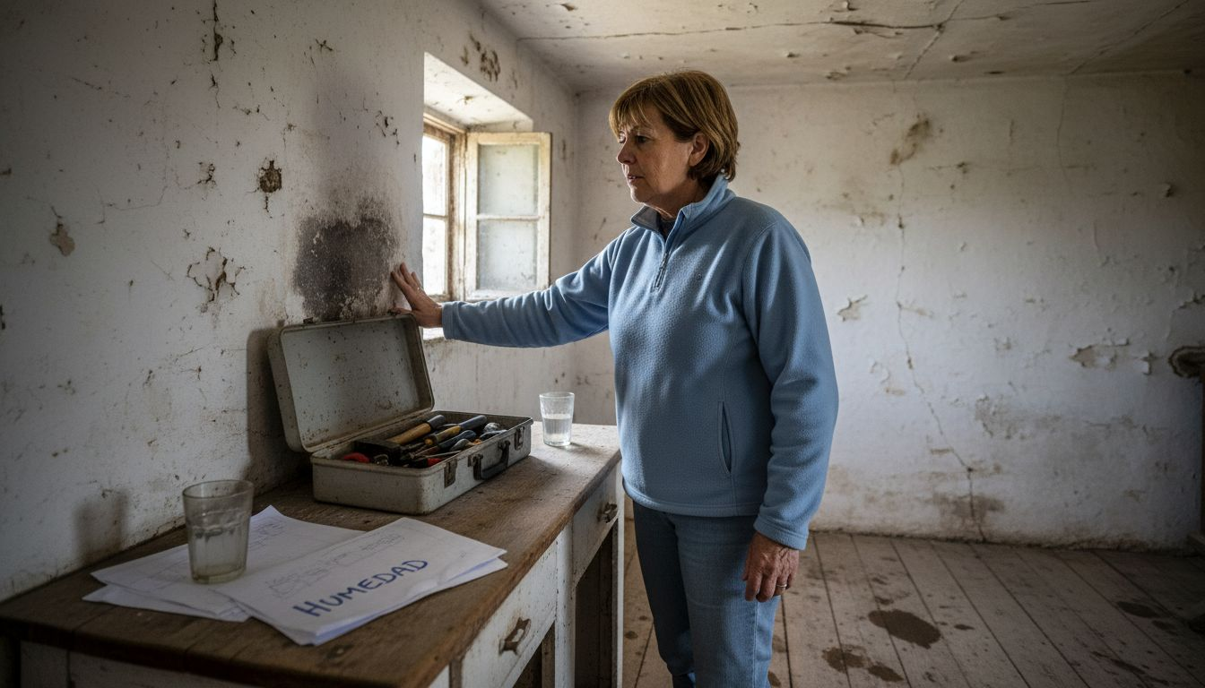 Una mujer inspecciona las manchas de humedad en la pared de una casa rural.