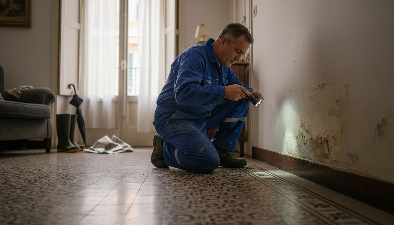 Especialista revisando una pared afectada por humedad por capilaridad