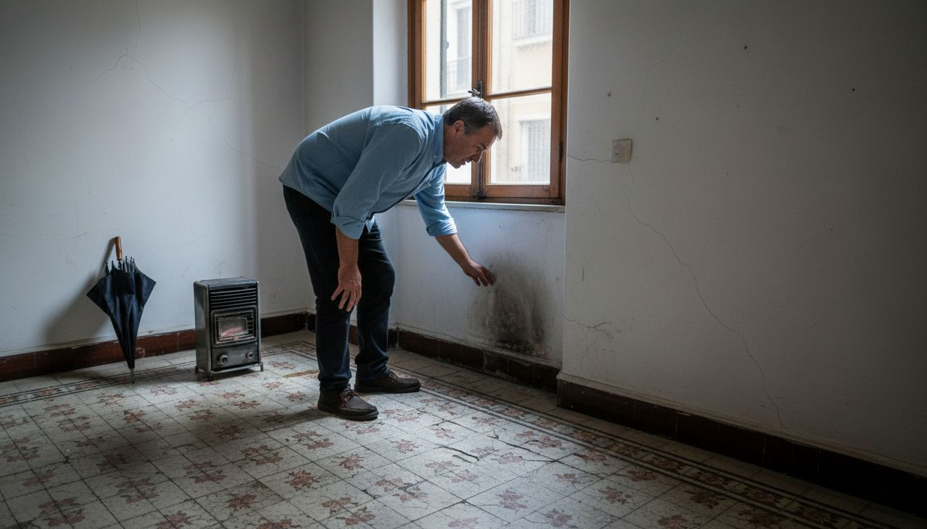 Un hombre revisa una mancha de humedad en un piso antiguo