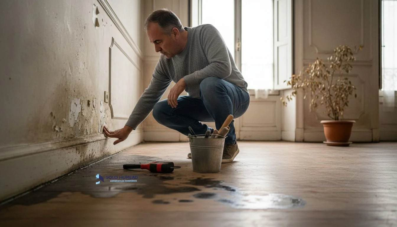 El dueño de la casa inspecciona una posible humedad en la pared.