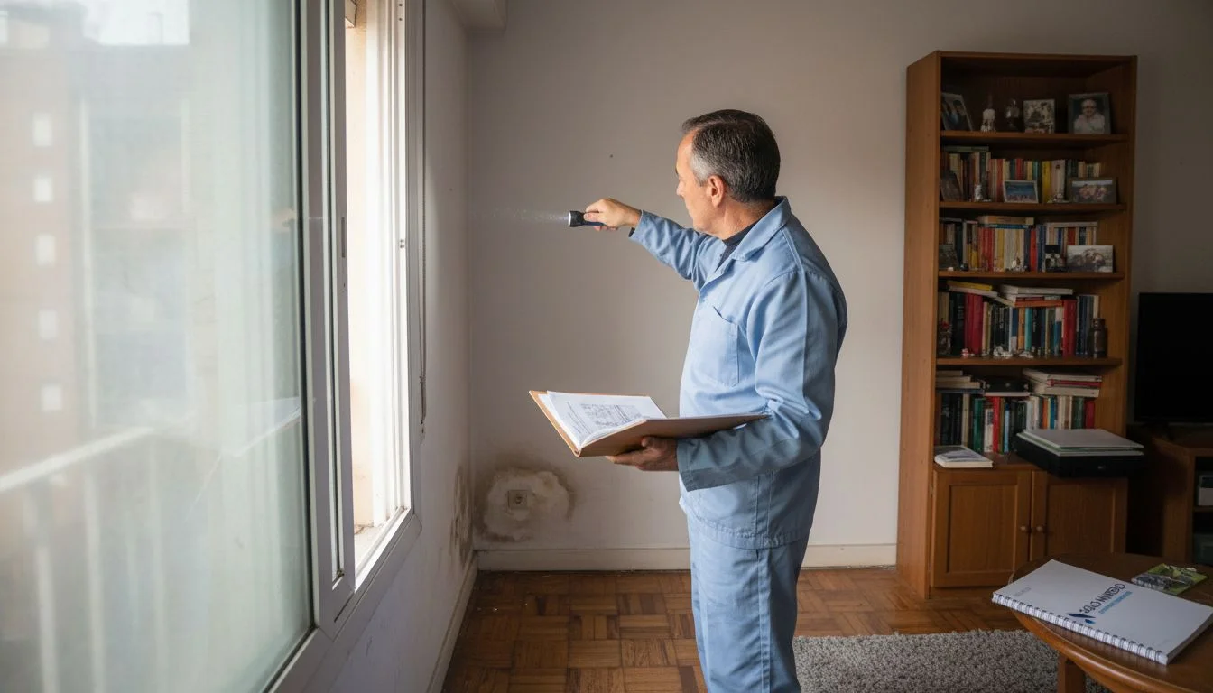 Especialista inspeccionando una pared afectada por humedad en el suelo