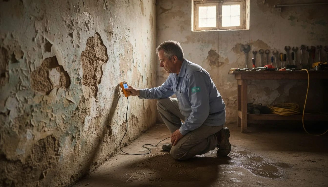 Especialista revisando una pared afectada por humedad bajo tierra