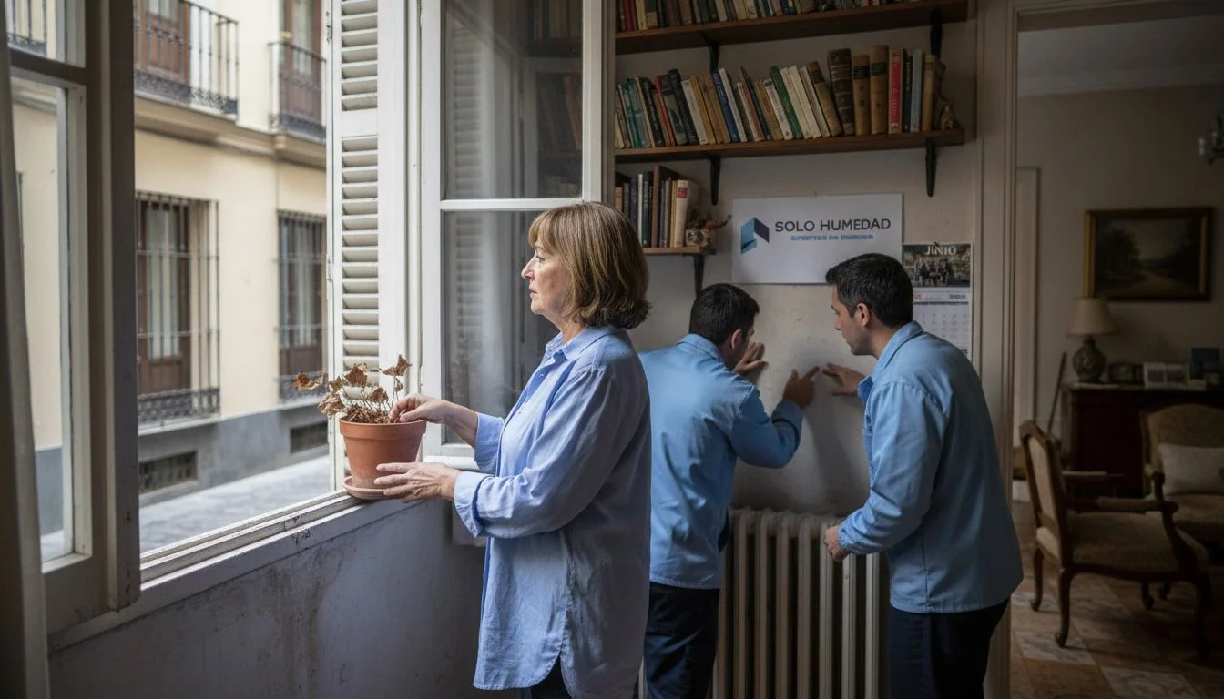 Una mujer abre las ventanas de su casa en Madrid para combatir la humedad.