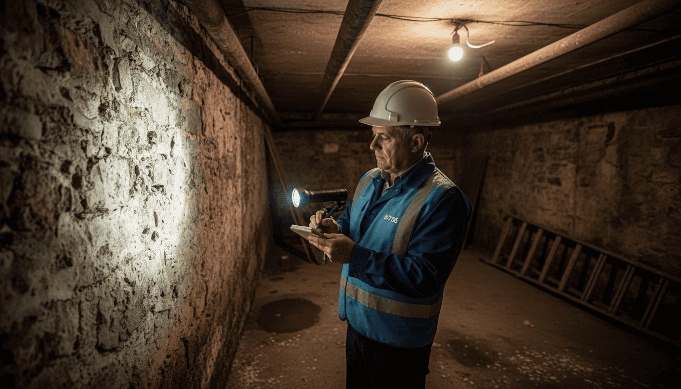 Técnico inspeccionando un muro subterráneo con signos de humedad