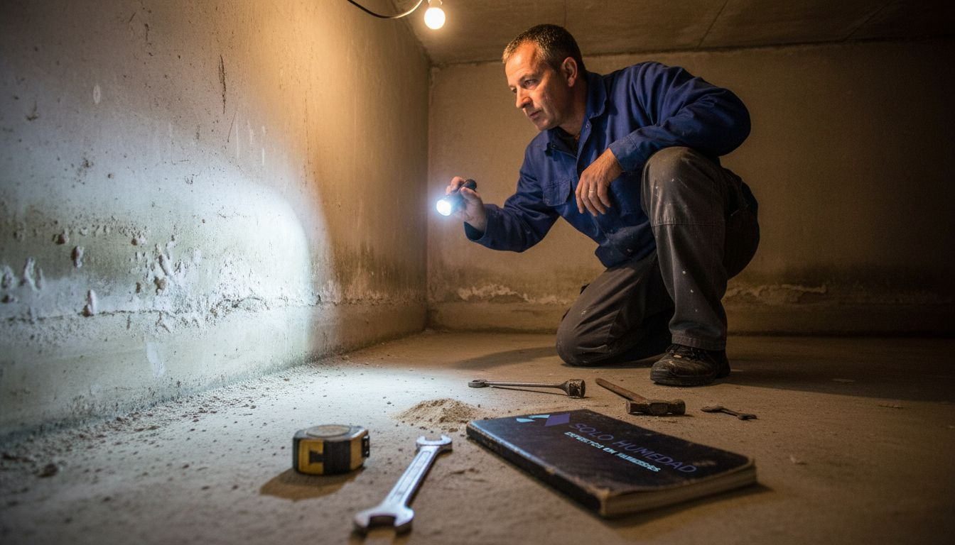 Especialista revisando una pared afectada por humedad