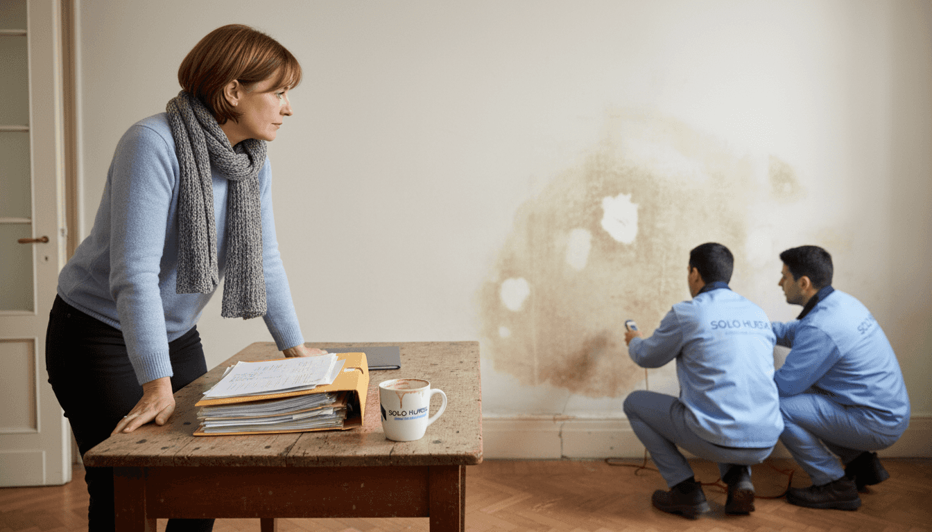 Mujer inspeccionando manchas de humedad en la pared de su casa