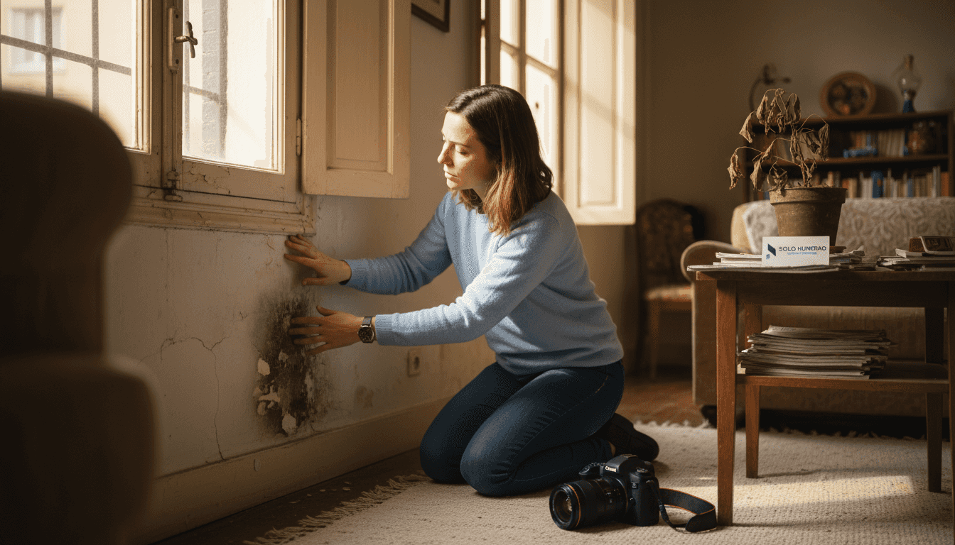Una mujer inspecciona una pared antigua en busca de signos de humedad.