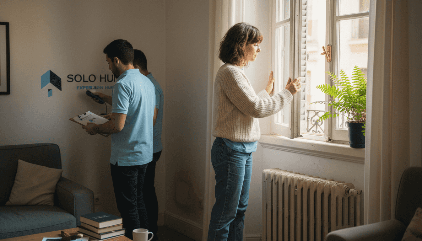 Una mujer abre las ventanas para airear el salón de su piso en Madrid.