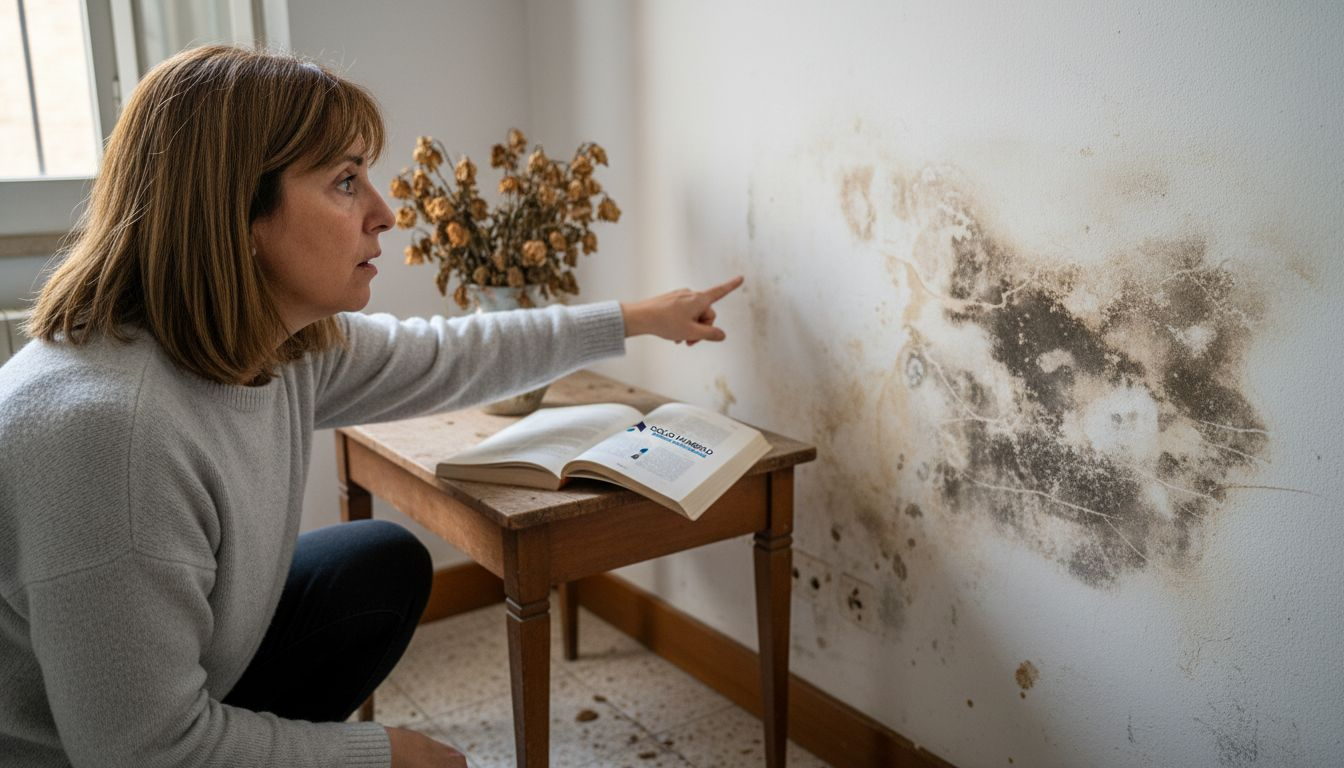 Mujer inspeccionando una pared afectada por humedad y manchas de moho
