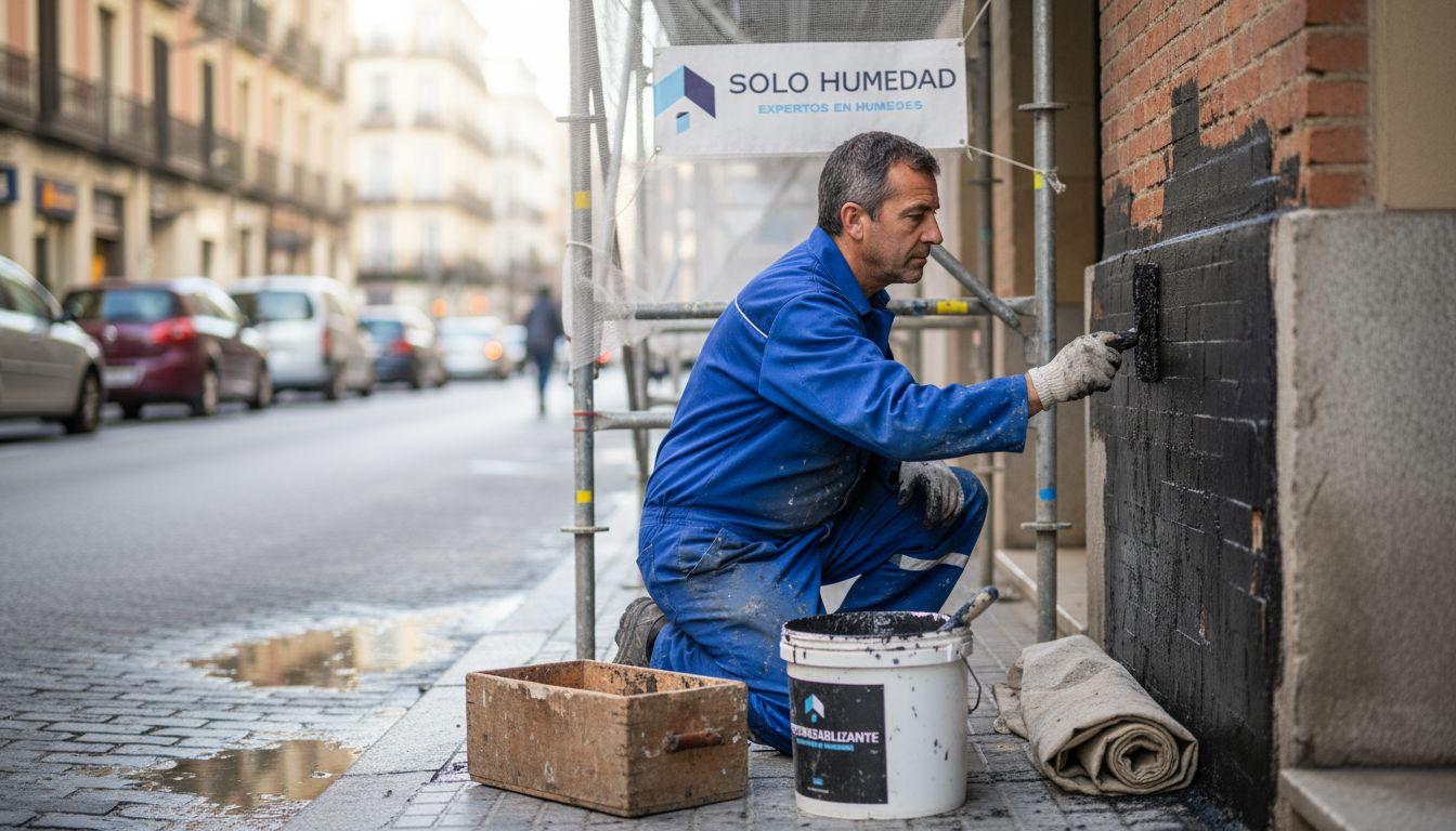 Profesional aplicando una membrana impermeabilizante sobre la fachada del edificio.