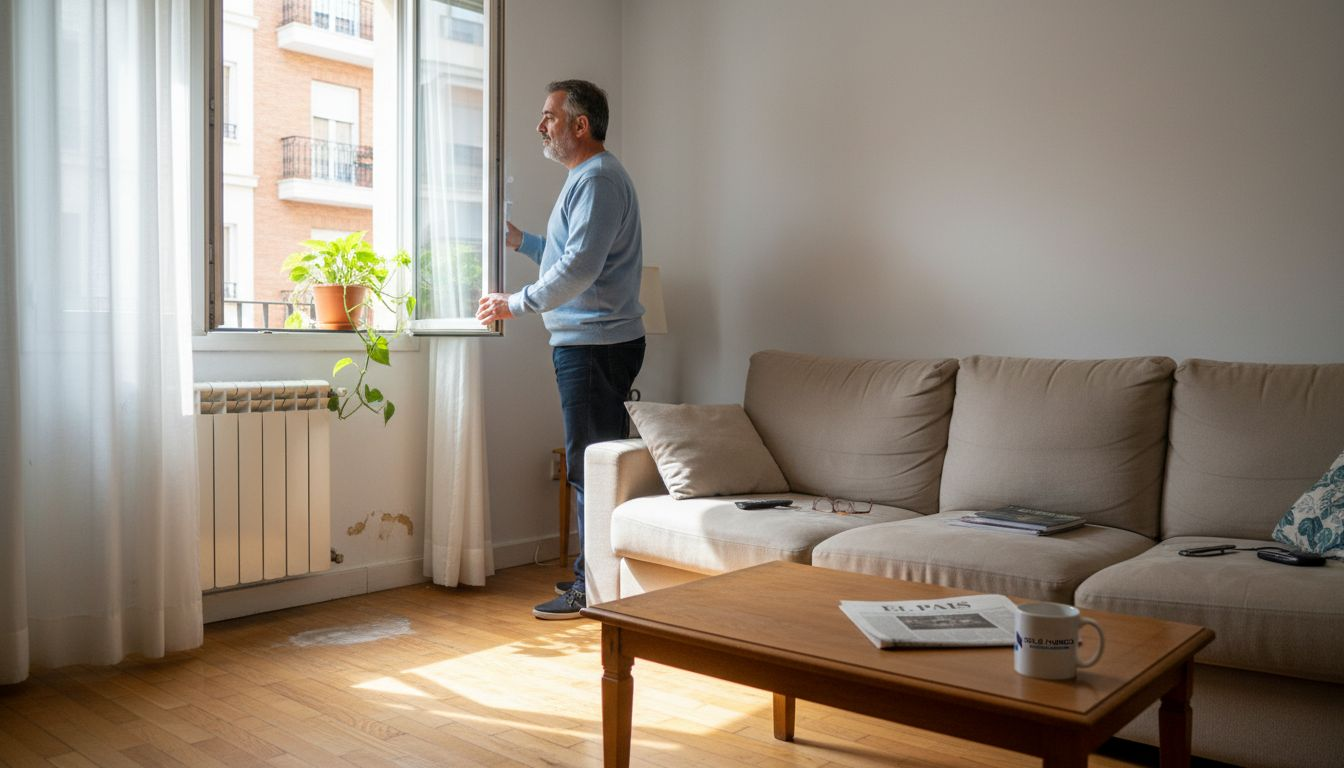 Hombre ventilando su piso en Madrid abriendo las ventanas