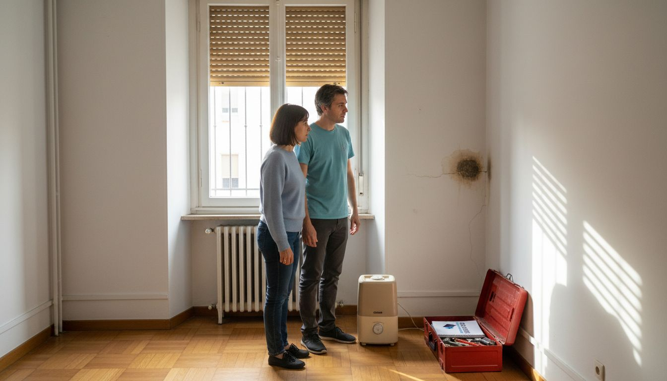 Una pareja revisa preocupada las humedades que han aparecido en la pared de su piso en Madrid.