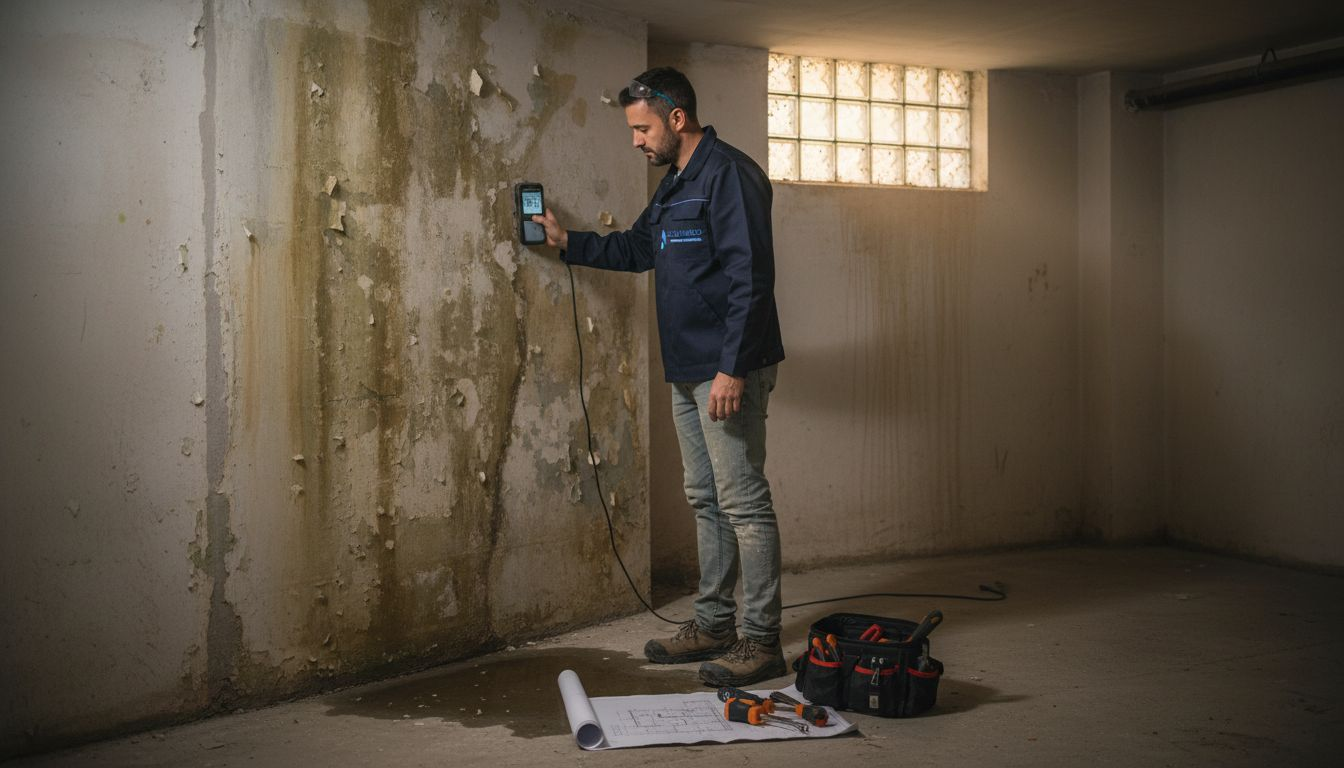 Aparejador realizando un diagnóstico de humedades en un sótano de Madrid