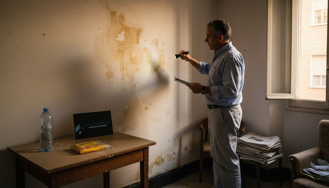 Un hombre revisa una mancha de humedad en la pared de su casa.
