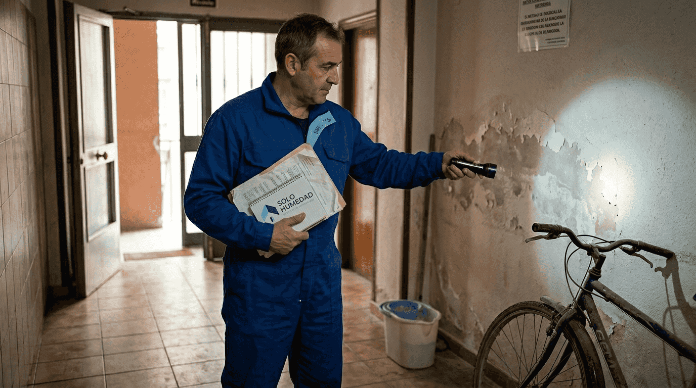 Un especialista inspecciona una pared con problemas de humedad en un edificio.