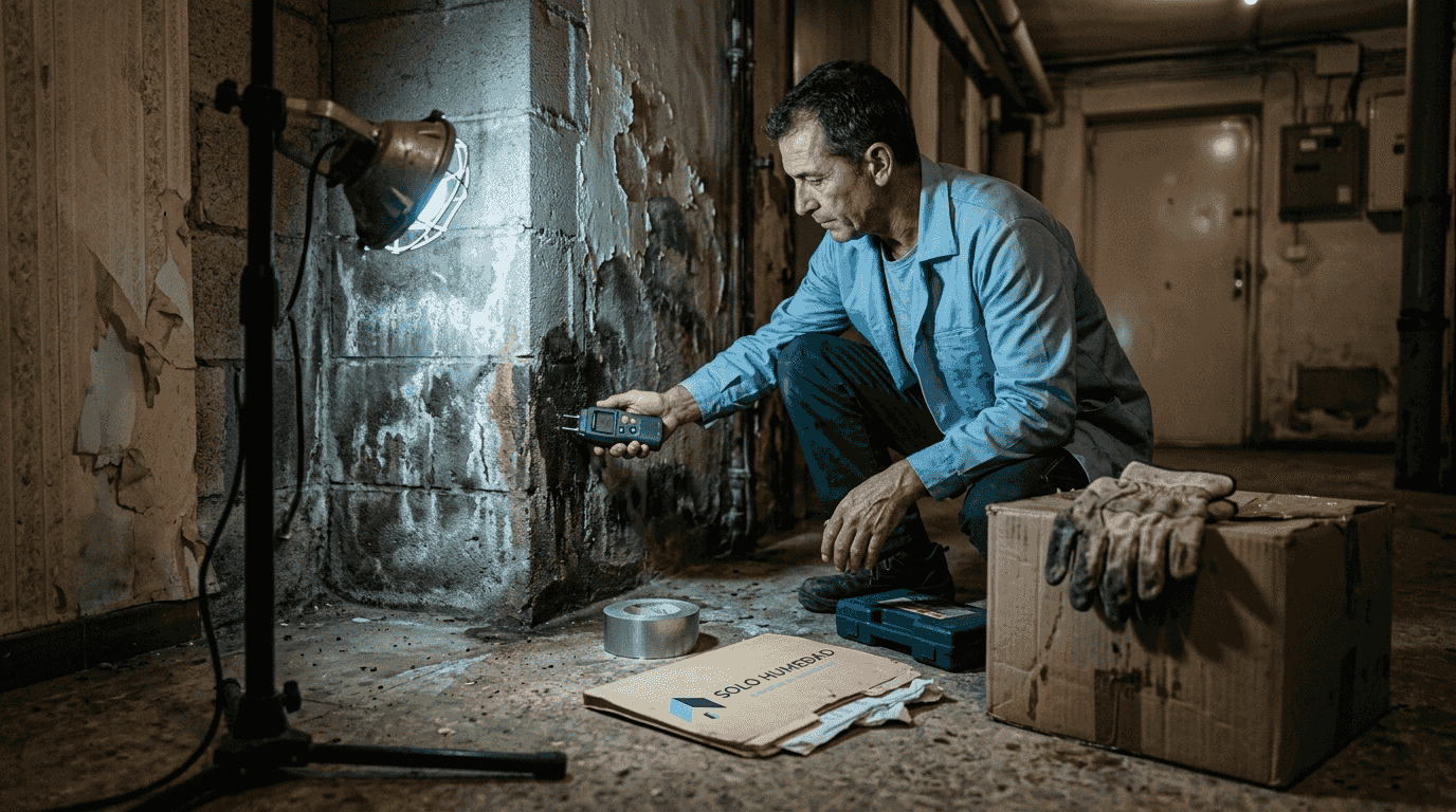 Un especialista inspecciona posibles filtraciones de humedad en el sótano de un edificio en Madrid.