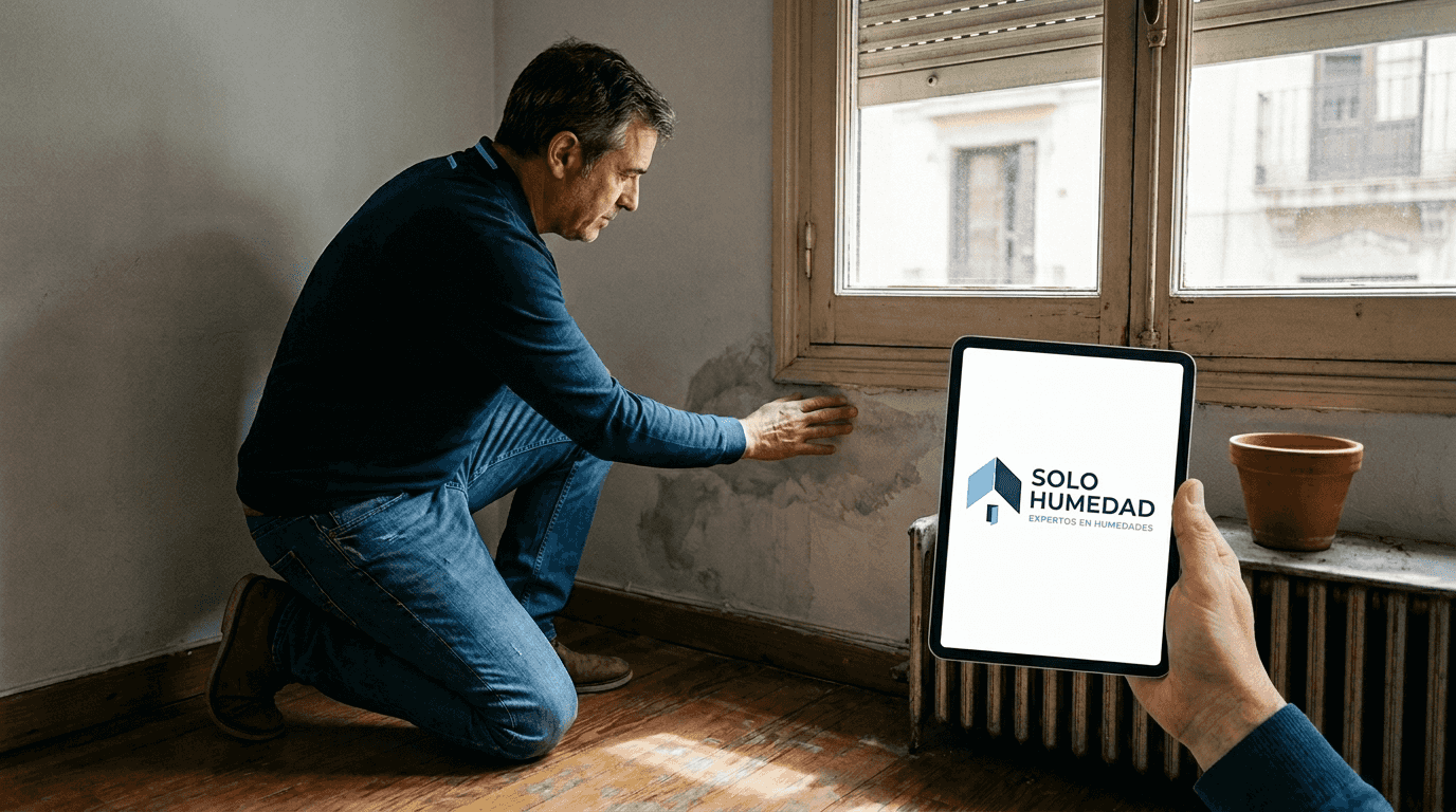 Un hombre inspecciona una humedad que apareció en la pared de su casa.