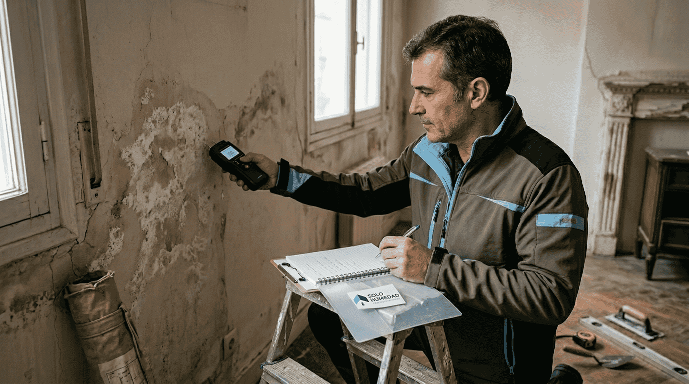 Un arquitecto revisa una pared afectada por humedad.