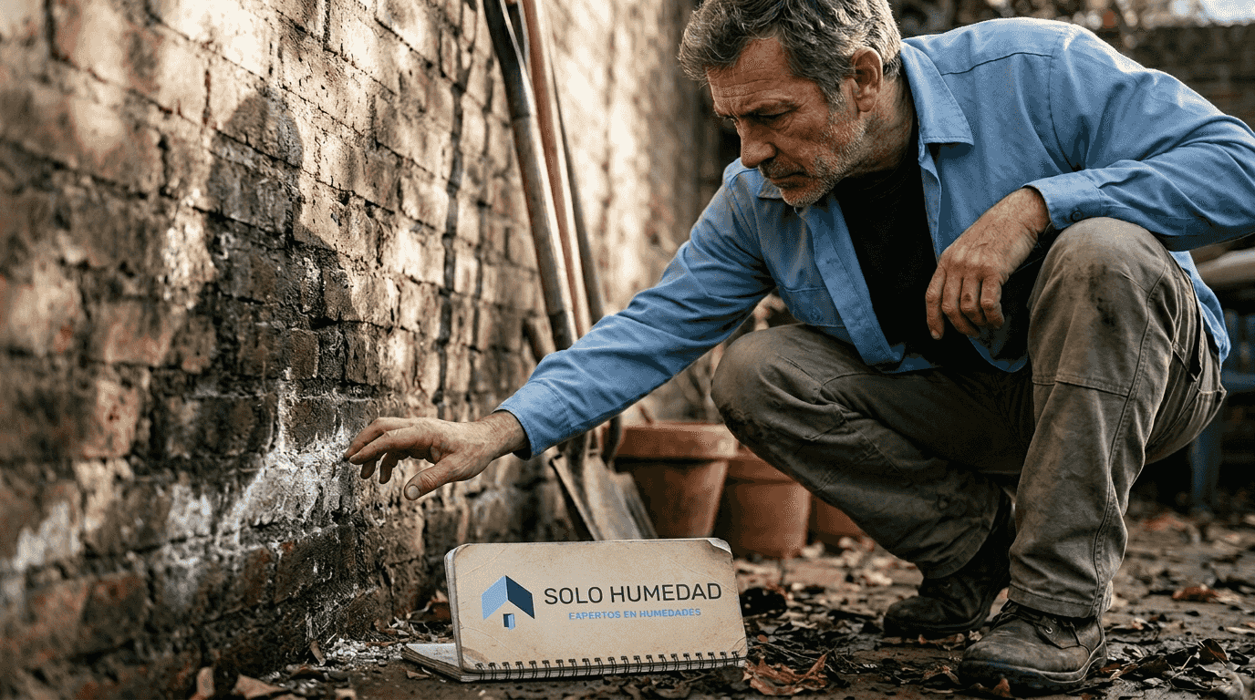 Hombre revisando manchas de humedad en la pared exterior
