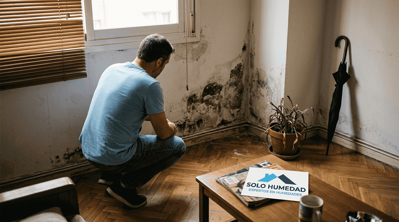 Un hombre inspecciona una pared con humedad en el salón de su piso en Madrid.