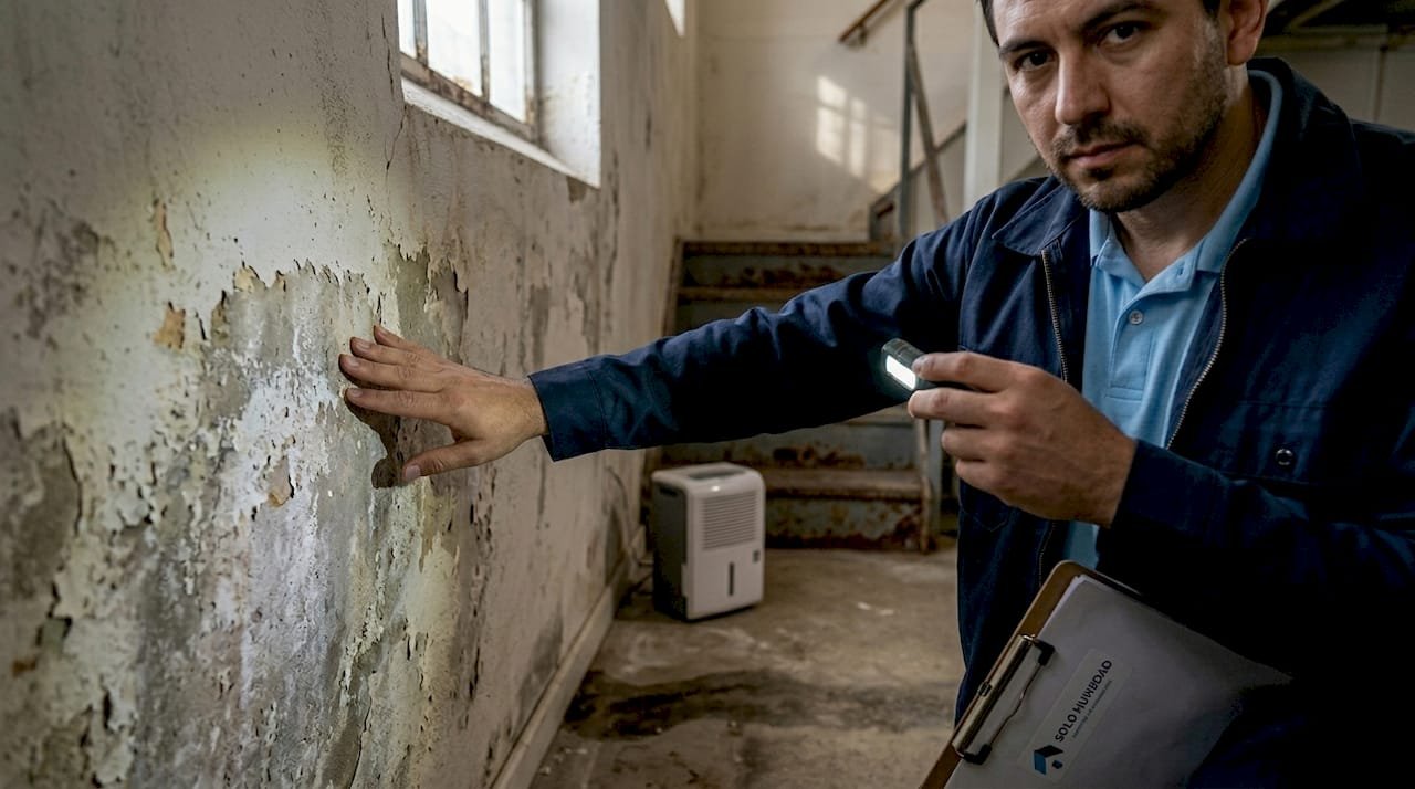 Especialista inspeccionando una pared subterránea afectada por humedad