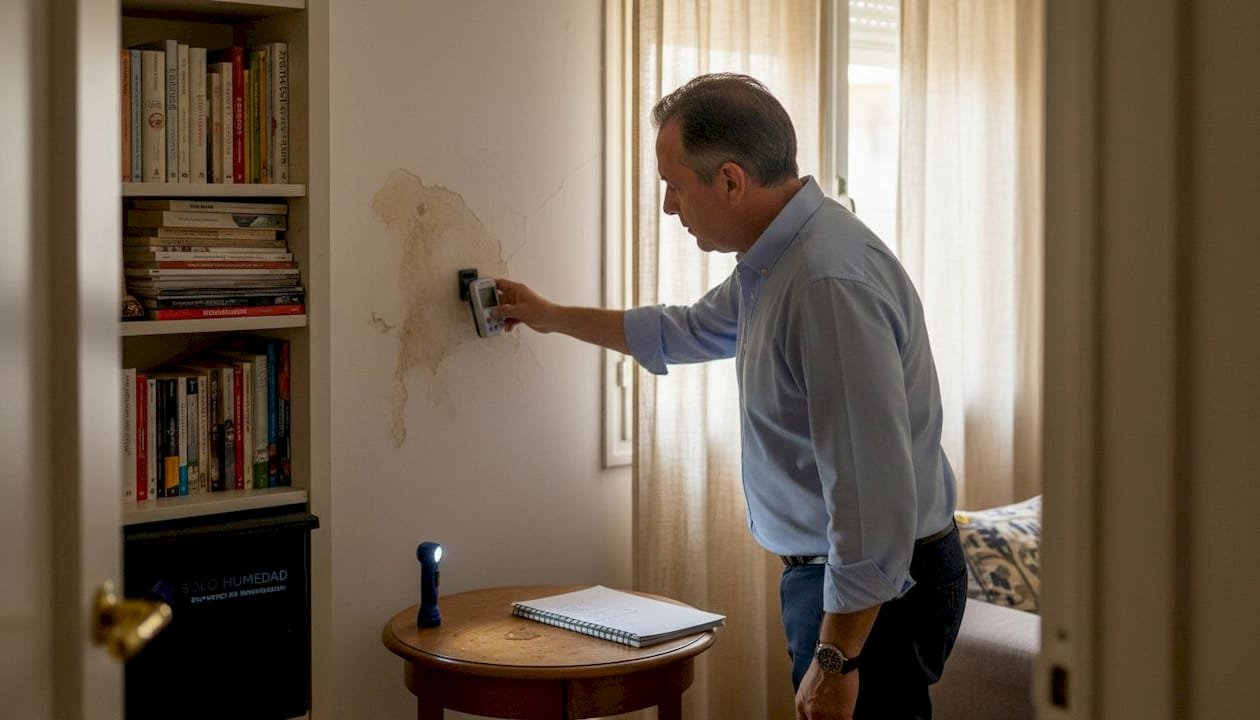 Un hombre inspecciona una pared con manchas de humedad en una vivienda de Madrid.