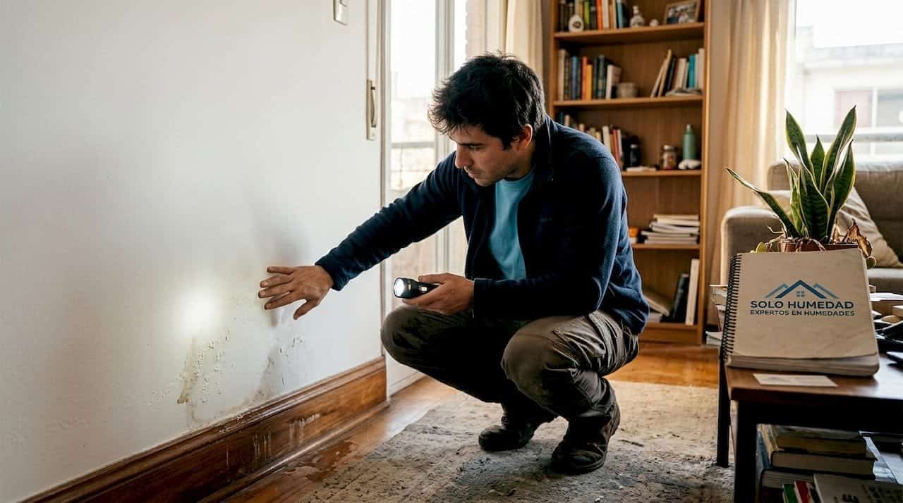 Un hombre observa detenidamente una mancha de humedad que ha aparecido en la pared.