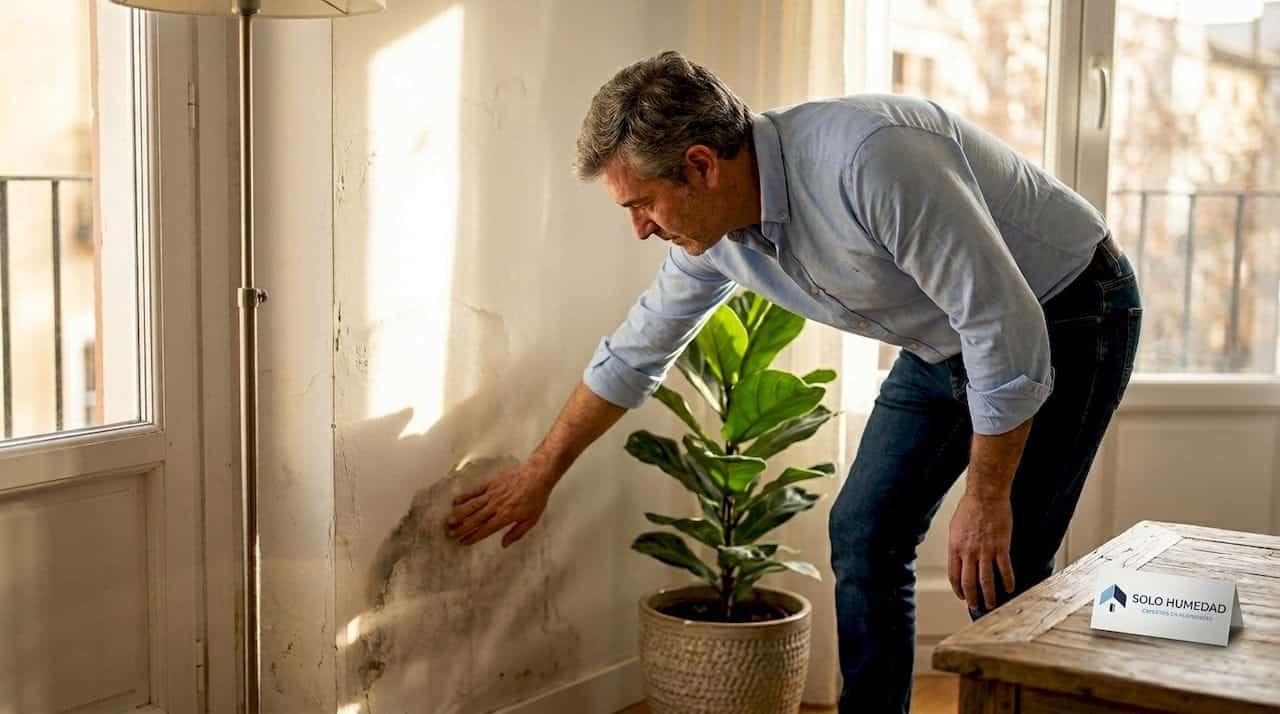 Hombre revisando una mancha de humedad en la pared de su casa