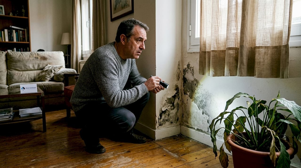 Hombre inspeccionando una mancha de humedad en el salón de su casa