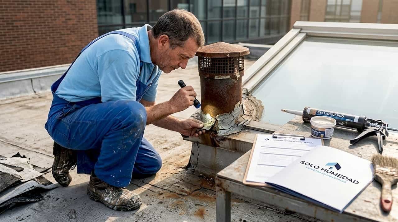 Especialista inspeccionando el techo de un negocio